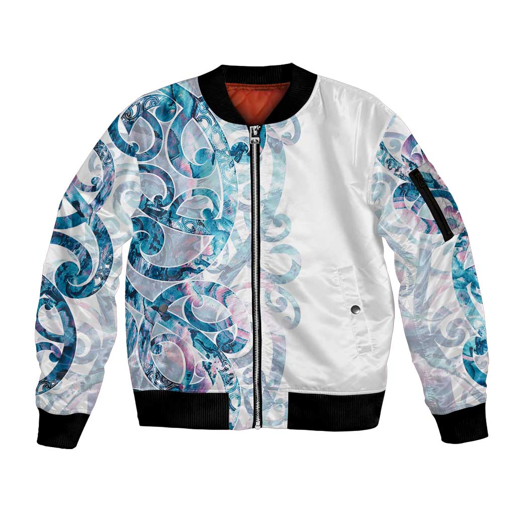 Turquoise Paua Shell Maori Sleeve Zip Bomber Jacket Koru Kowhaiwhai - Aussie Hoodie