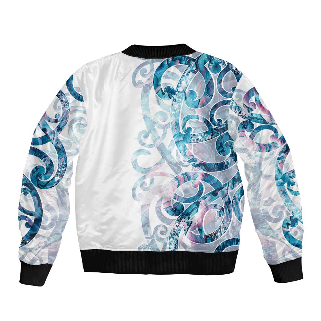 Turquoise Paua Shell Maori Sleeve Zip Bomber Jacket Koru Kowhaiwhai - Aussie Hoodie