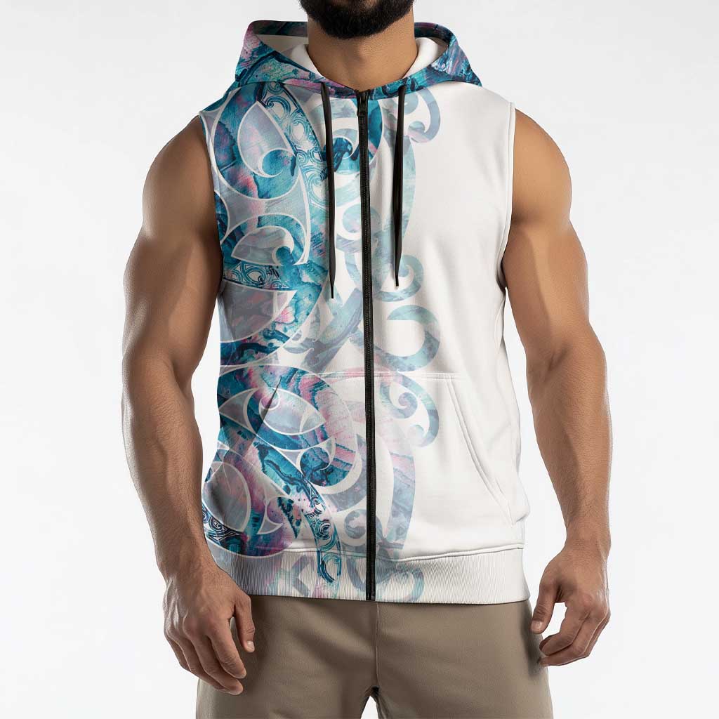 Turquoise Paua Shell Maori Sleeveless Zip Hoodie Koru Kowhaiwhai - Aussie Hoodie
