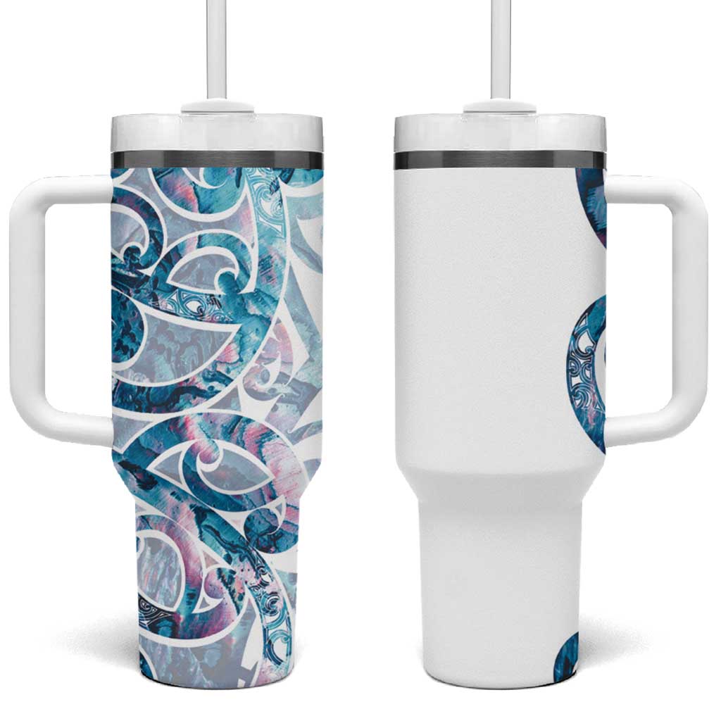 Turquoise Paua Shell Maori Tumbler With Handle Koru Kowhaiwhai - Aussie Hoodie