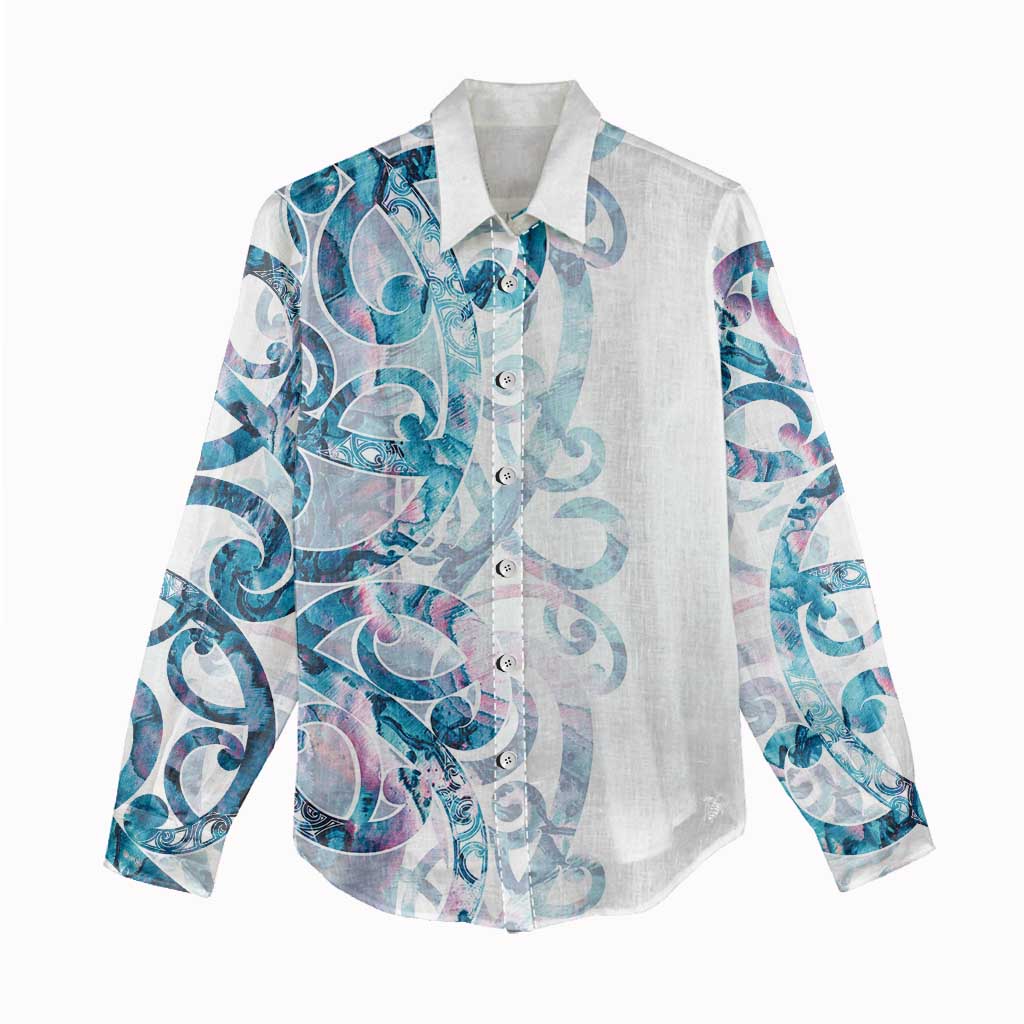 Turquoise Paua Shell Maori Women Casual Shirt Koru Kowhaiwhai - Aussie Hoodie