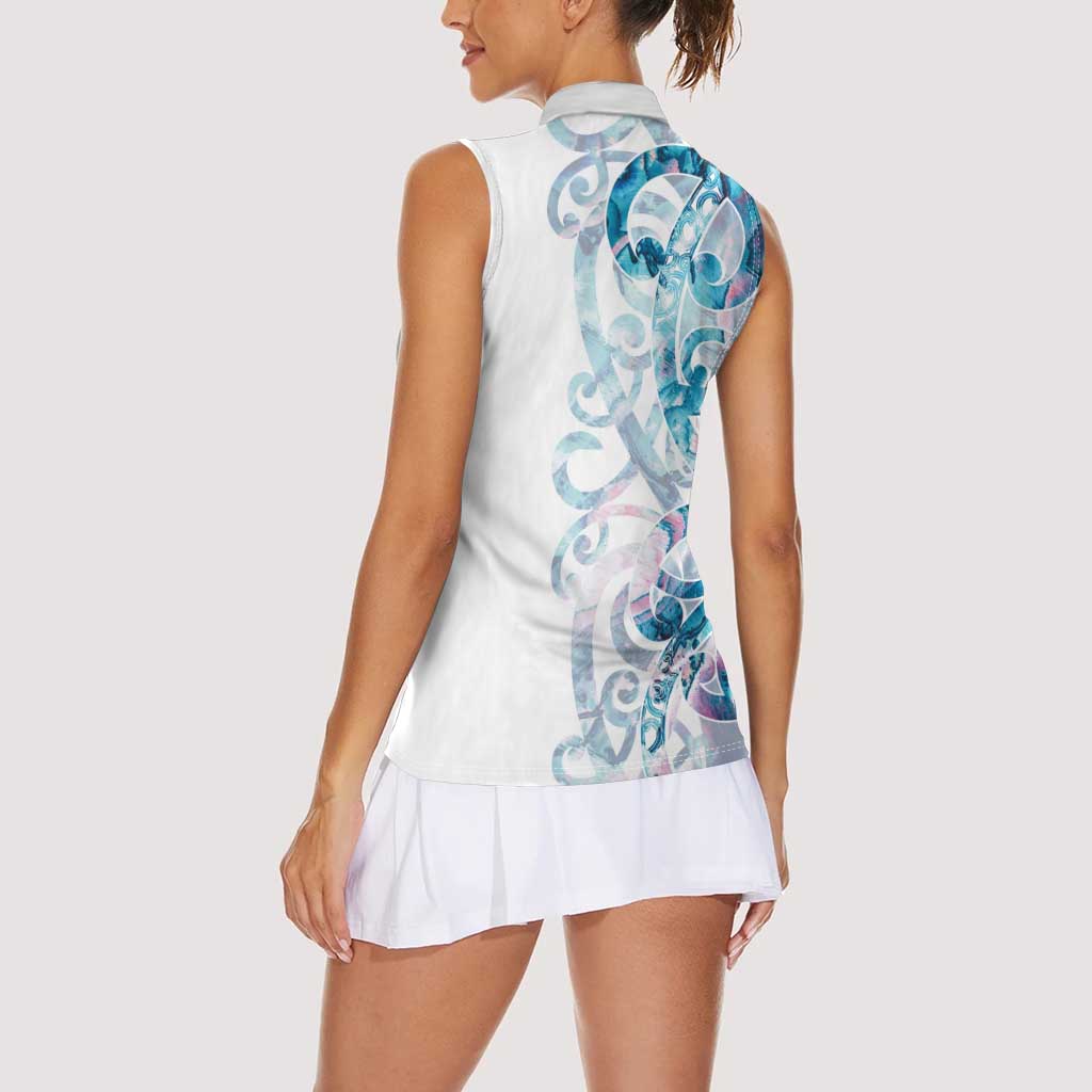 Turquoise Paua Shell Maori Women Sleeveless Polo Shirt Koru Kowhaiwhai - Aussie Hoodie
