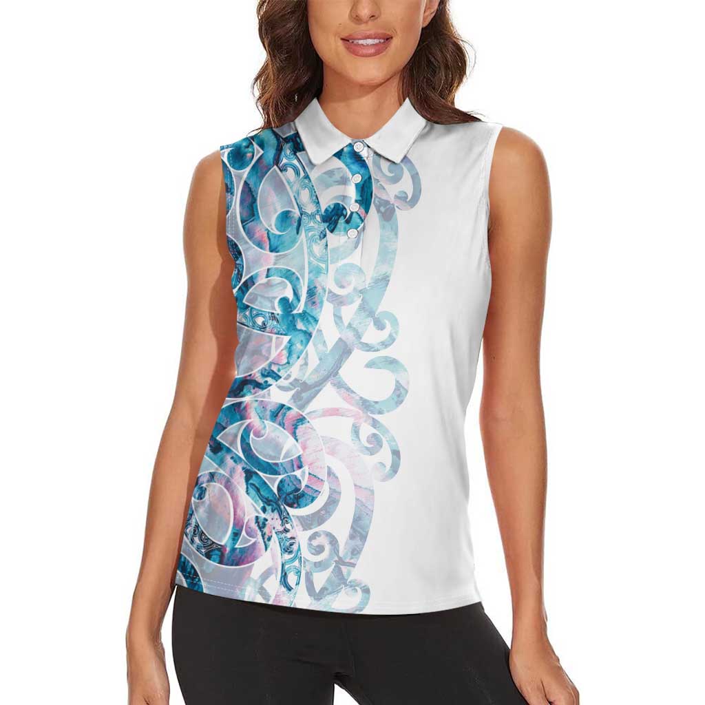Turquoise Paua Shell Maori Women Sleeveless Polo Shirt Koru Kowhaiwhai - Aussie Hoodie
