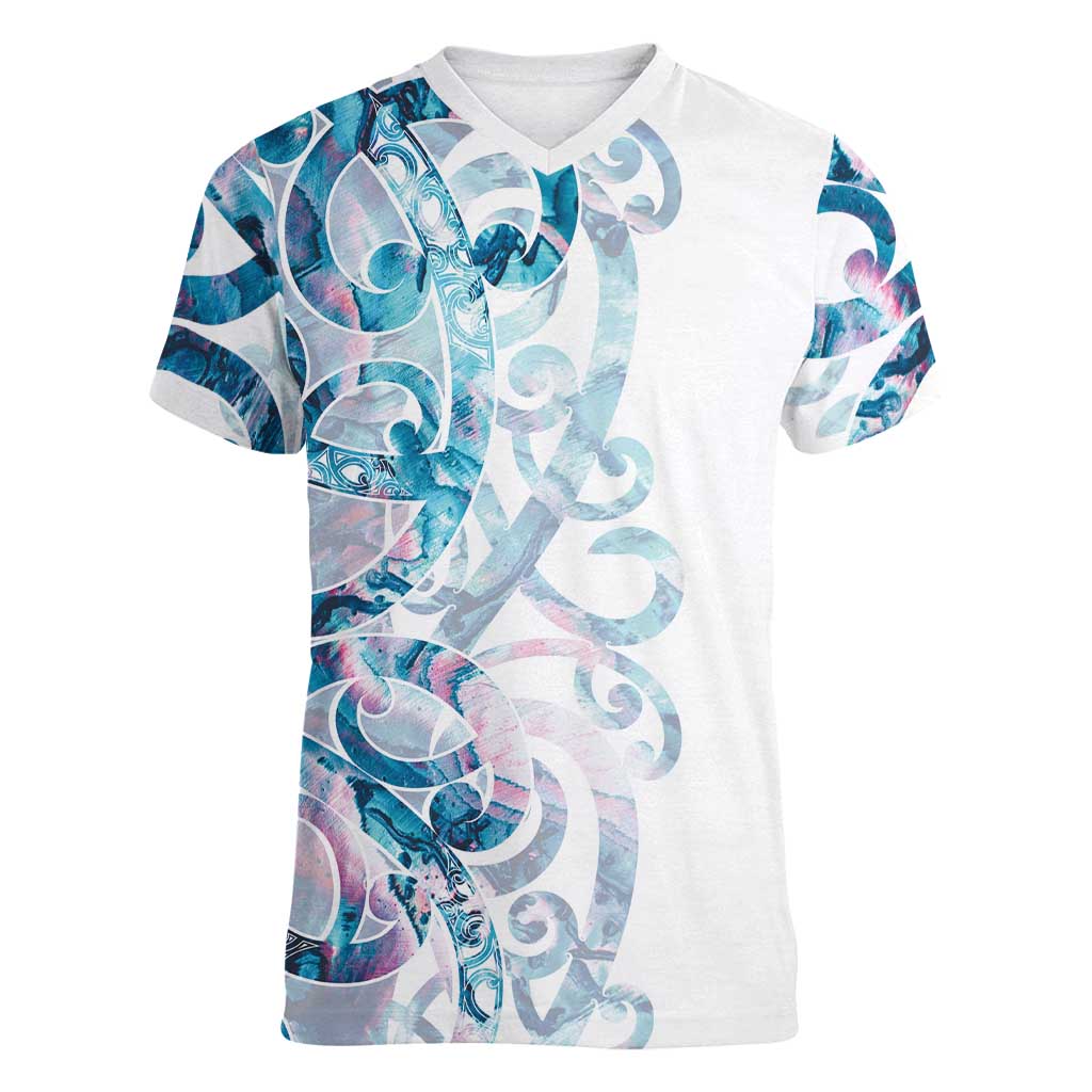 Turquoise Paua Shell Maori Women V-Neck T-Shirt Koru Kowhaiwhai - Aussie Hoodie