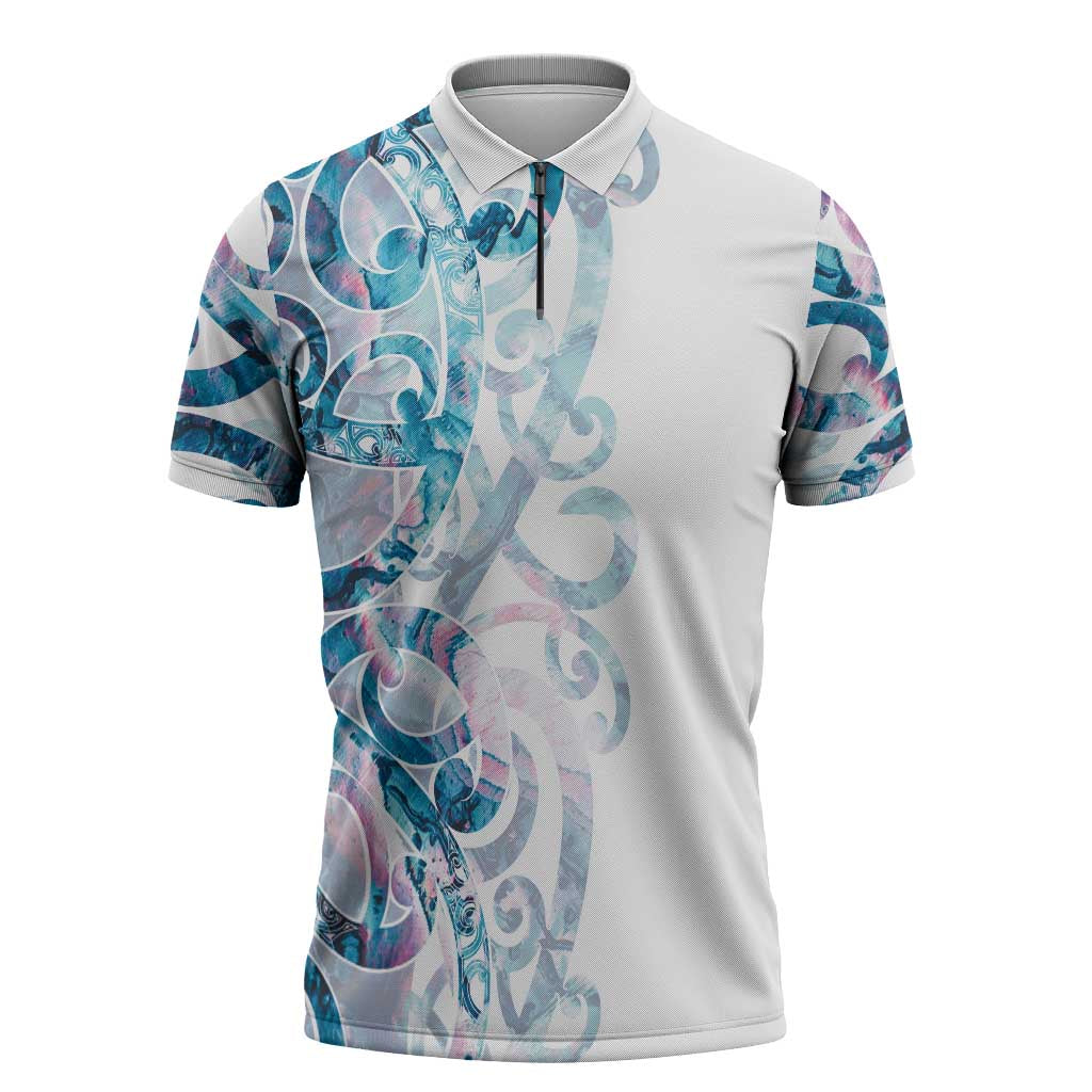 Turquoise Paua Shell Maori Zipper Polo Shirt Koru Kowhaiwhai - Aussie Hoodie