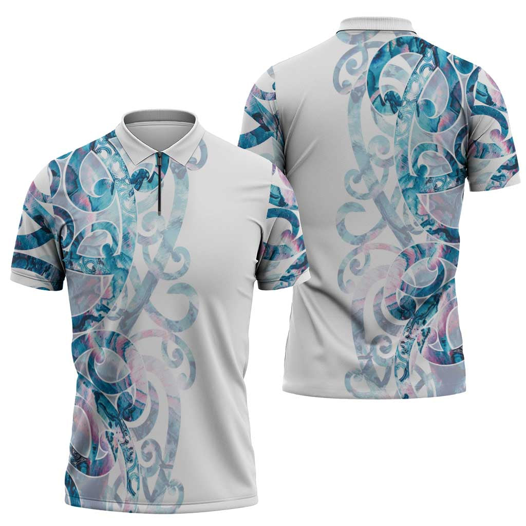 Turquoise Paua Shell Maori Zipper Polo Shirt Koru Kowhaiwhai - Aussie Hoodie