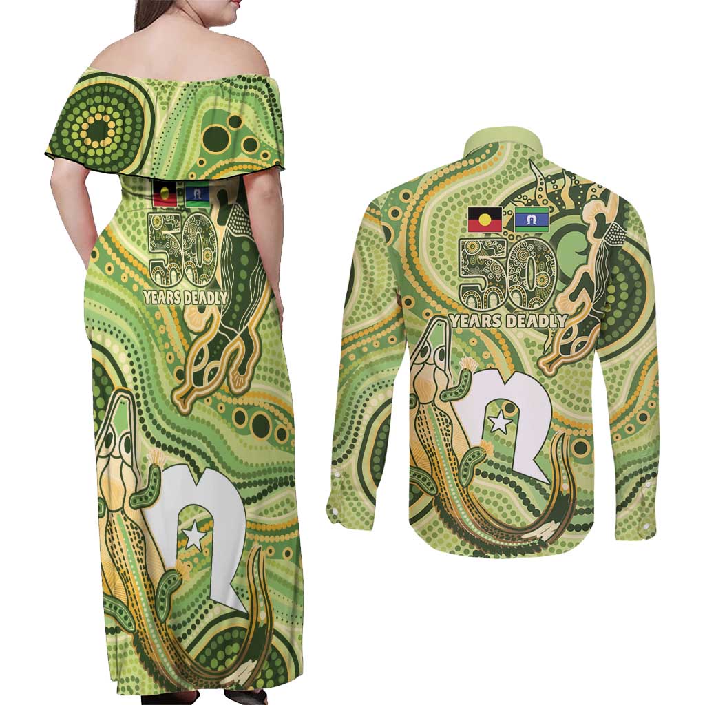 2026 NAIDOC Week 50 Years Deadly Couples Matching Off Shoulder Maxi Dress and Long Sleeve Button Shirt Flows of Time