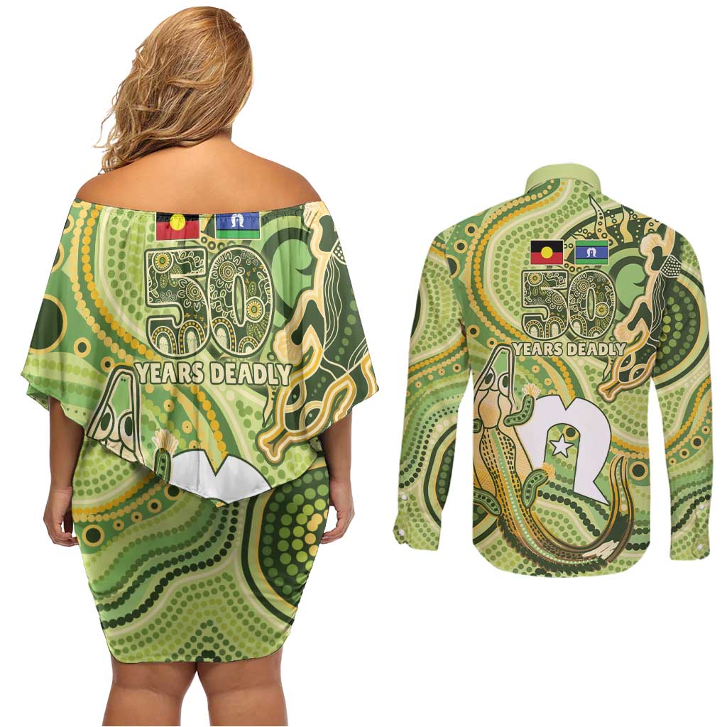 2026 NAIDOC Week 50 Years Deadly Couples Matching Off Shoulder Short Dress and Long Sleeve Button Shirt Flows of Time