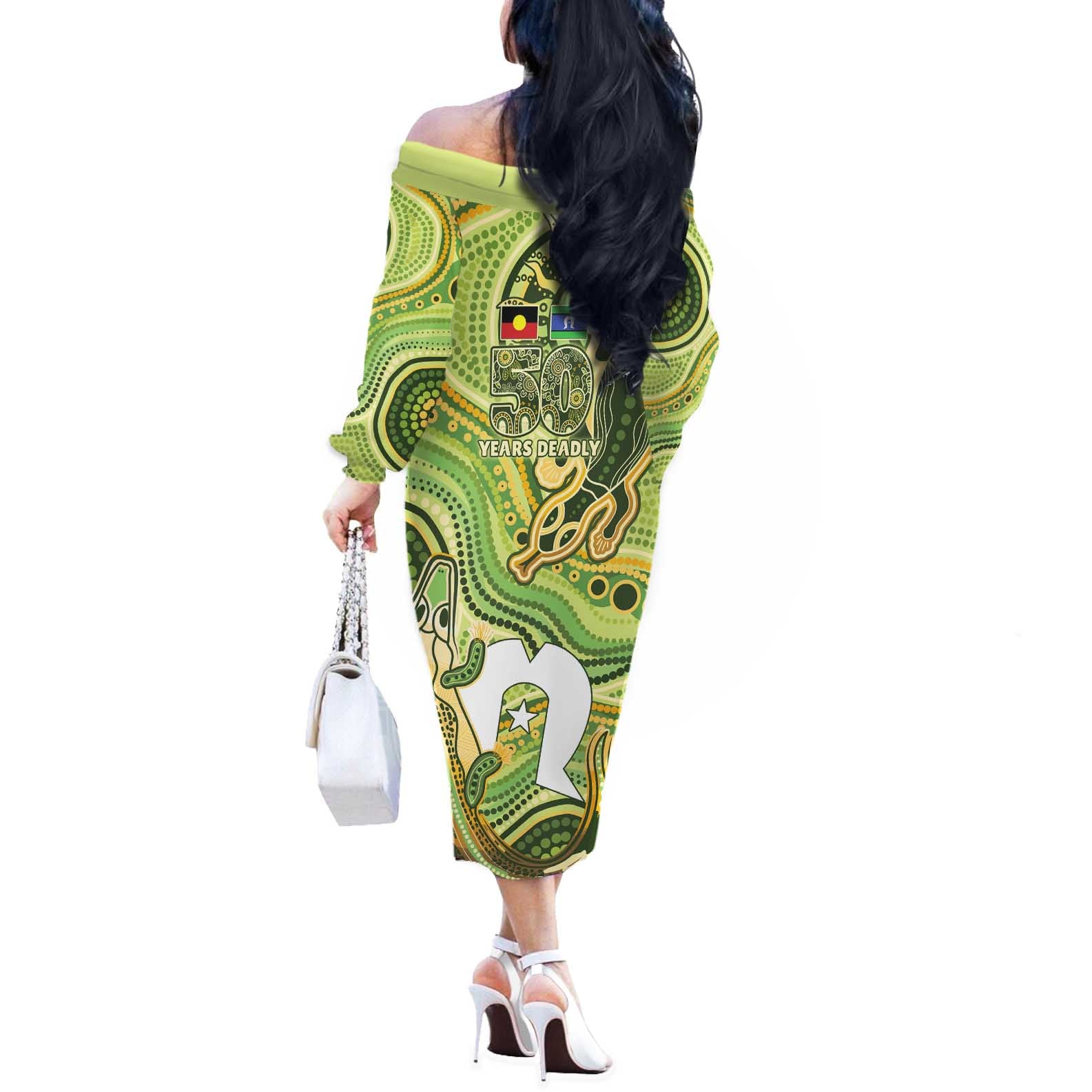 2026 NAIDOC Week 50 Years Deadly Off The Shoulder Long Sleeve Dress Flows of Time