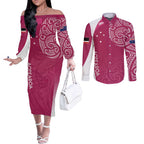 Personalised New Zealand Rugby Couples Matching Off The Shoulder Long Sleeve Dress and Long Sleeve Button Shirt Aotearoa Champions - Pink Version