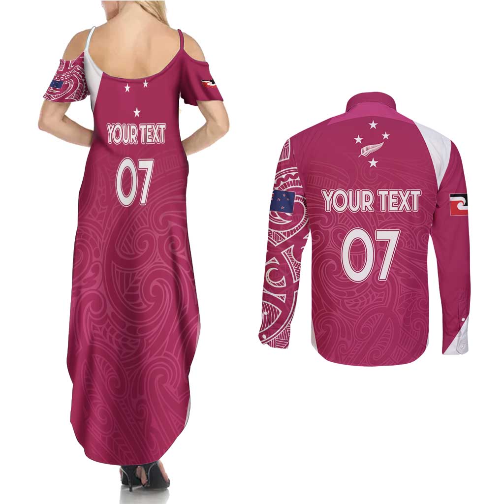 Personalised New Zealand Rugby Couples Matching Summer Maxi Dress and Long Sleeve Button Shirt Aotearoa Champions - Pink Version
