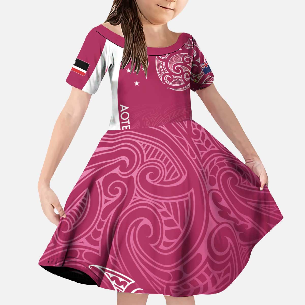 Personalised New Zealand Rugby Family Matching Off The Shoulder Long Sleeve Dress and Hawaiian Shirt Aotearoa Champions - Pink Version