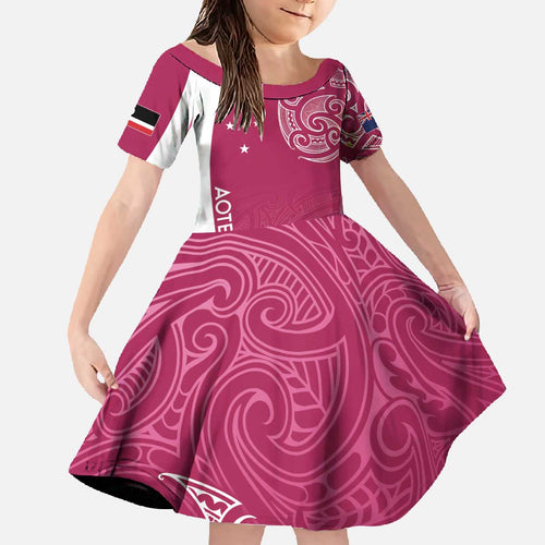 Personalised New Zealand Rugby Family Matching Off The Shoulder Long Sleeve Dress and Hawaiian Shirt Aotearoa Champions - Pink Version