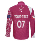 Personalised New Zealand Rugby Family Matching Off The Shoulder Long Sleeve Dress and Hawaiian Shirt Aotearoa Champions - Pink Version