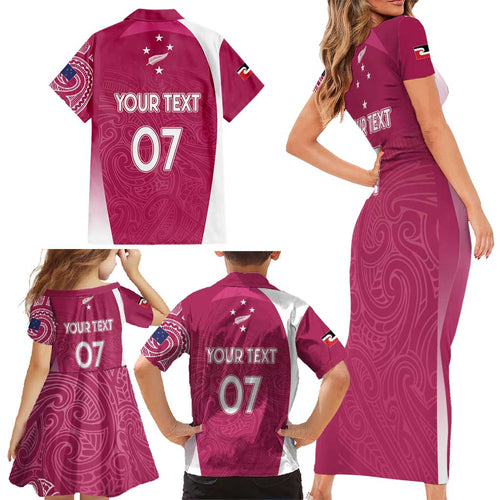 Personalised New Zealand Rugby Family Matching Short Sleeve Bodycon Dress and Hawaiian Shirt Aotearoa Champions - Pink Version