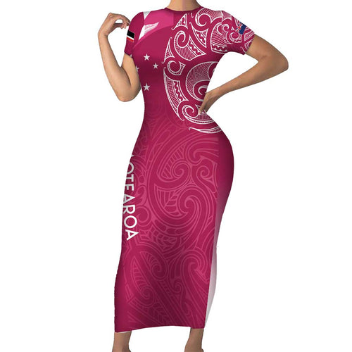Personalised New Zealand Rugby Family Matching Short Sleeve Bodycon Dress and Hawaiian Shirt Aotearoa Champions - Pink Version