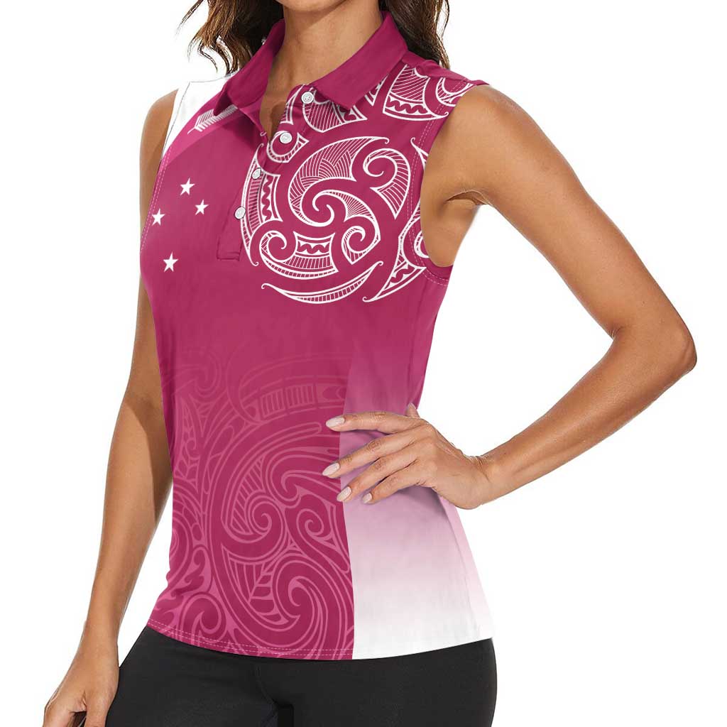 Personalised New Zealand Rugby Women Sleeveless Polo Shirt Aotearoa Champions - Pink Version