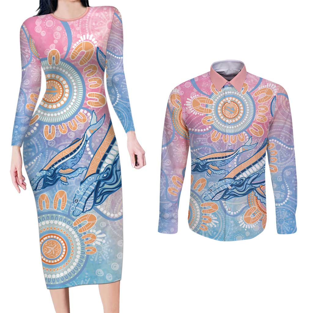 Aussie NAIDOC Week Pastel Couples Matching Long Sleeve Bodycon Dress and Long Sleeve Button Shirt Dreaming Whales