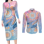 Aussie NAIDOC Week Pastel Couples Matching Long Sleeve Bodycon Dress and Long Sleeve Button Shirt Dreaming Whales