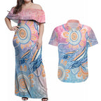 Aussie NAIDOC Week Pastel Couples Matching Off Shoulder Maxi Dress and Hawaiian Shirt Dreaming Whales