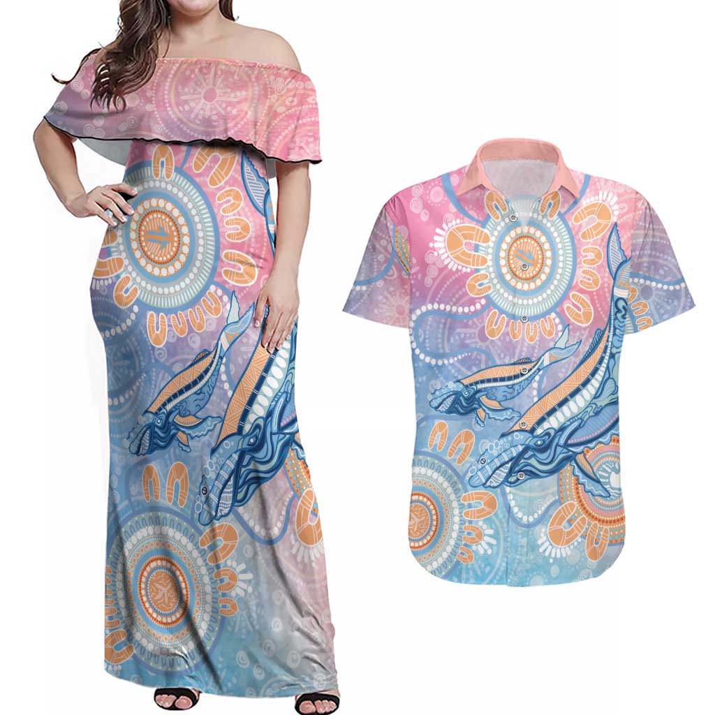 Aussie NAIDOC Week Pastel Couples Matching Off Shoulder Maxi Dress and Hawaiian Shirt Dreaming Whales