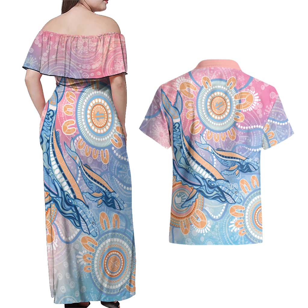 Aussie NAIDOC Week Pastel Couples Matching Off Shoulder Maxi Dress and Hawaiian Shirt Dreaming Whales