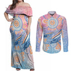 Aussie NAIDOC Week Pastel Couples Matching Off Shoulder Maxi Dress and Long Sleeve Button Shirt Dreaming Whales
