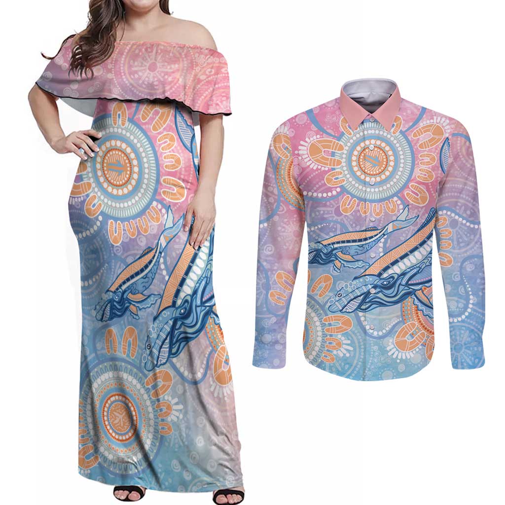 Aussie NAIDOC Week Pastel Couples Matching Off Shoulder Maxi Dress and Long Sleeve Button Shirt Dreaming Whales
