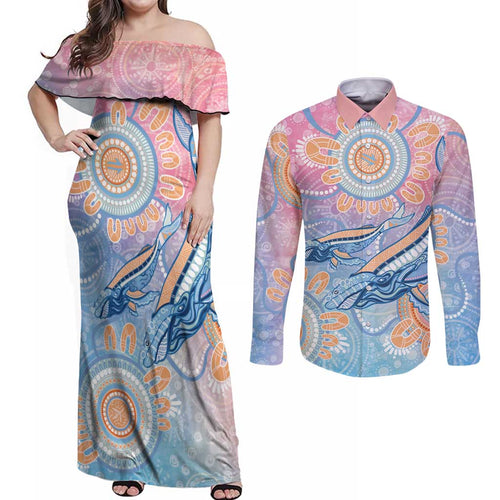 Aussie NAIDOC Week Pastel Couples Matching Off Shoulder Maxi Dress and Long Sleeve Button Shirt Dreaming Whales
