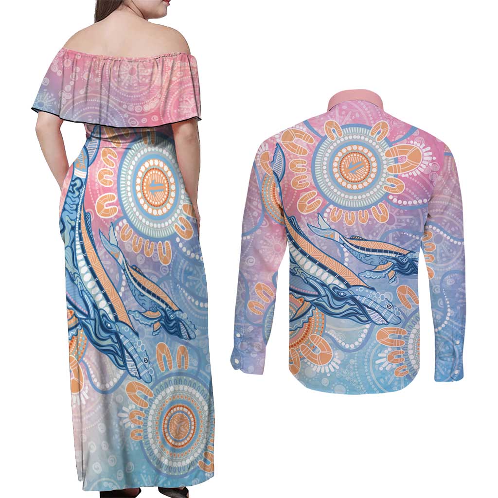 Aussie NAIDOC Week Pastel Couples Matching Off Shoulder Maxi Dress and Long Sleeve Button Shirt Dreaming Whales