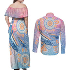 Aussie NAIDOC Week Pastel Couples Matching Off Shoulder Maxi Dress and Long Sleeve Button Shirt Dreaming Whales