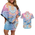 Aussie NAIDOC Week Pastel Couples Matching Off Shoulder Short Dress and Hawaiian Shirt Dreaming Whales
