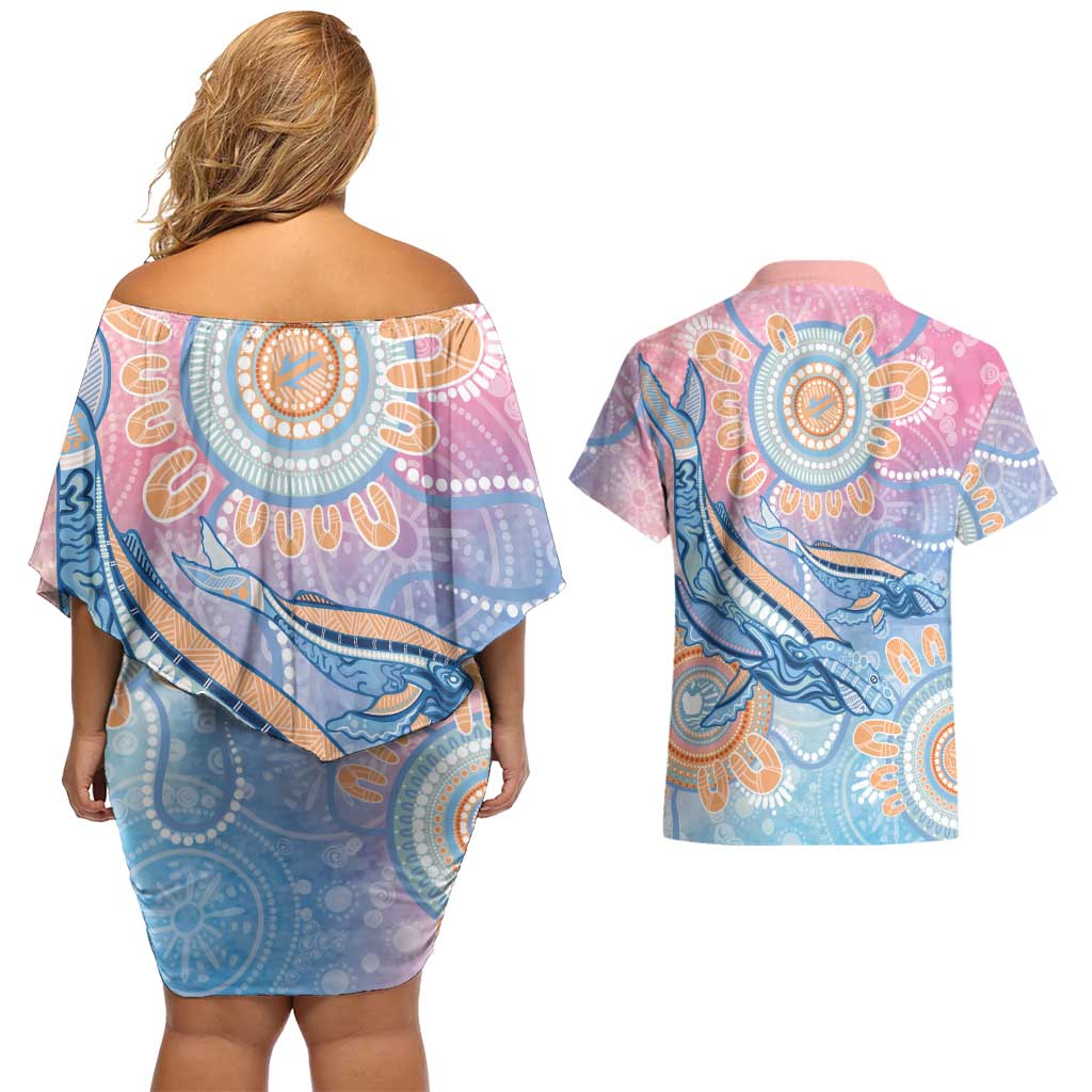 Aussie NAIDOC Week Pastel Couples Matching Off Shoulder Short Dress and Hawaiian Shirt Dreaming Whales
