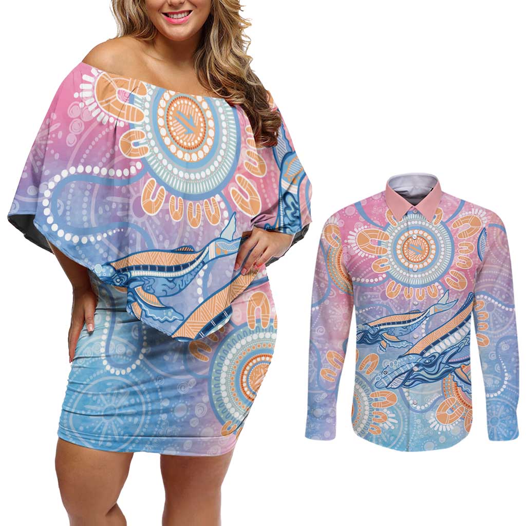 Aussie NAIDOC Week Pastel Couples Matching Off Shoulder Short Dress and Long Sleeve Button Shirt Dreaming Whales