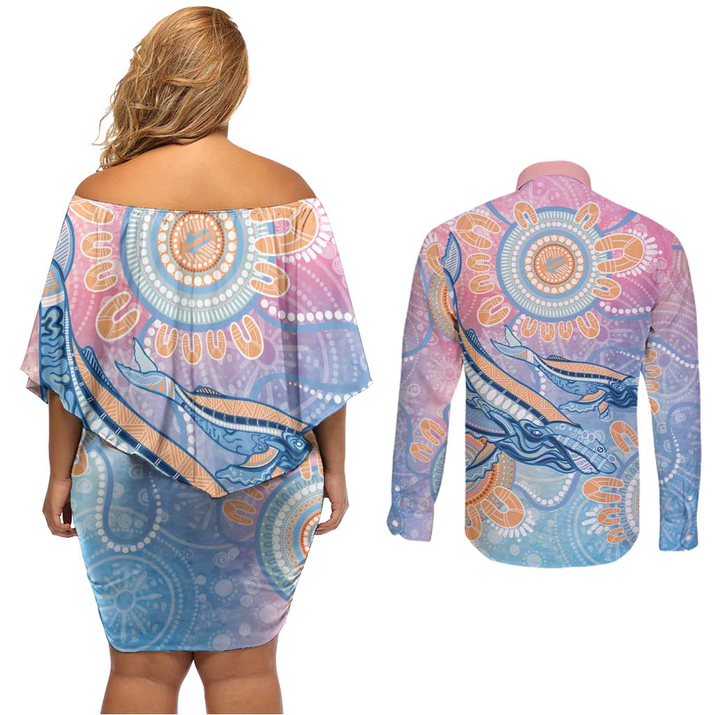 Aussie NAIDOC Week Pastel Couples Matching Off Shoulder Short Dress and Long Sleeve Button Shirt Dreaming Whales