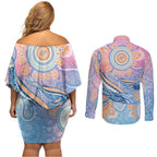 Aussie NAIDOC Week Pastel Couples Matching Off Shoulder Short Dress and Long Sleeve Button Shirt Dreaming Whales