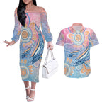 Aussie NAIDOC Week Pastel Couples Matching Off The Shoulder Long Sleeve Dress and Hawaiian Shirt Dreaming Whales