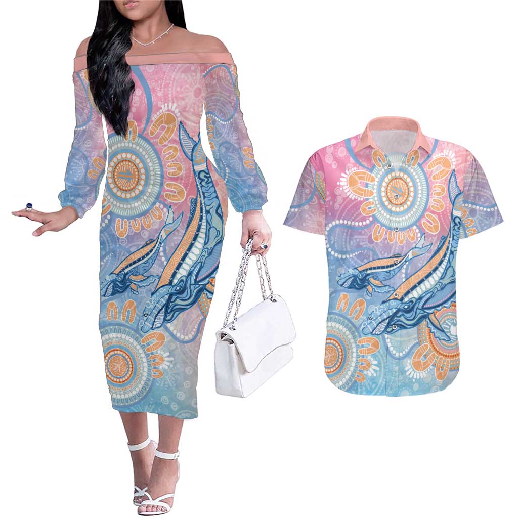 Aussie NAIDOC Week Pastel Couples Matching Off The Shoulder Long Sleeve Dress and Hawaiian Shirt Dreaming Whales
