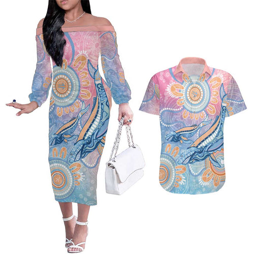 Aussie NAIDOC Week Pastel Couples Matching Off The Shoulder Long Sleeve Dress and Hawaiian Shirt Dreaming Whales