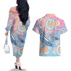Aussie NAIDOC Week Pastel Couples Matching Off The Shoulder Long Sleeve Dress and Hawaiian Shirt Dreaming Whales