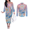 Aussie NAIDOC Week Pastel Couples Matching Off The Shoulder Long Sleeve Dress and Long Sleeve Button Shirt Dreaming Whales