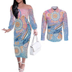 Aussie NAIDOC Week Pastel Couples Matching Off The Shoulder Long Sleeve Dress and Long Sleeve Button Shirt Dreaming Whales