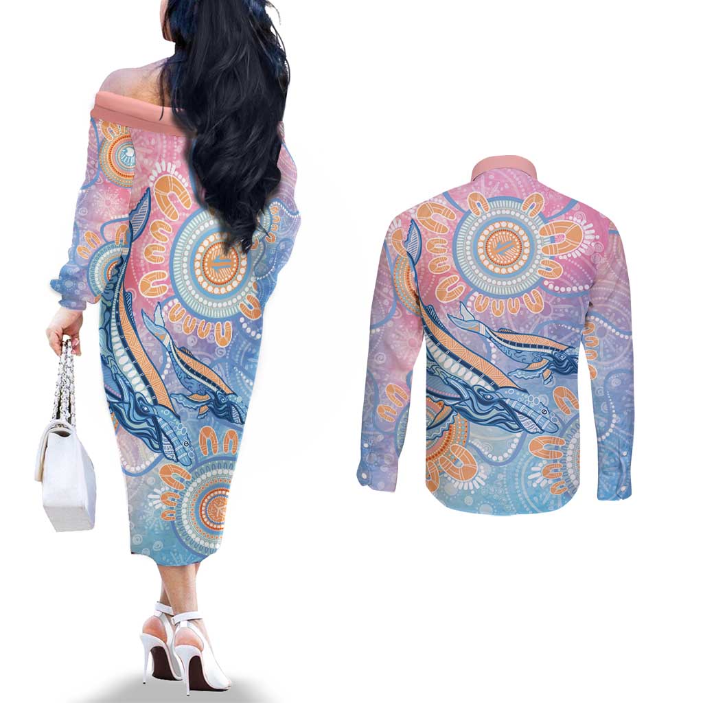 Aussie NAIDOC Week Pastel Couples Matching Off The Shoulder Long Sleeve Dress and Long Sleeve Button Shirt Dreaming Whales