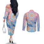 Aussie NAIDOC Week Pastel Couples Matching Off The Shoulder Long Sleeve Dress and Long Sleeve Button Shirt Dreaming Whales