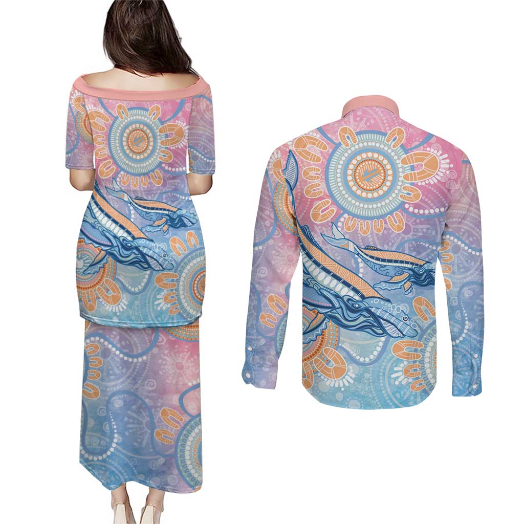 Aussie NAIDOC Week Pastel Couples Matching Puletasi and Long Sleeve Button Shirt Dreaming Whales