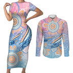 Aussie NAIDOC Week Pastel Couples Matching Short Sleeve Bodycon Dress and Long Sleeve Button Shirt Dreaming Whales