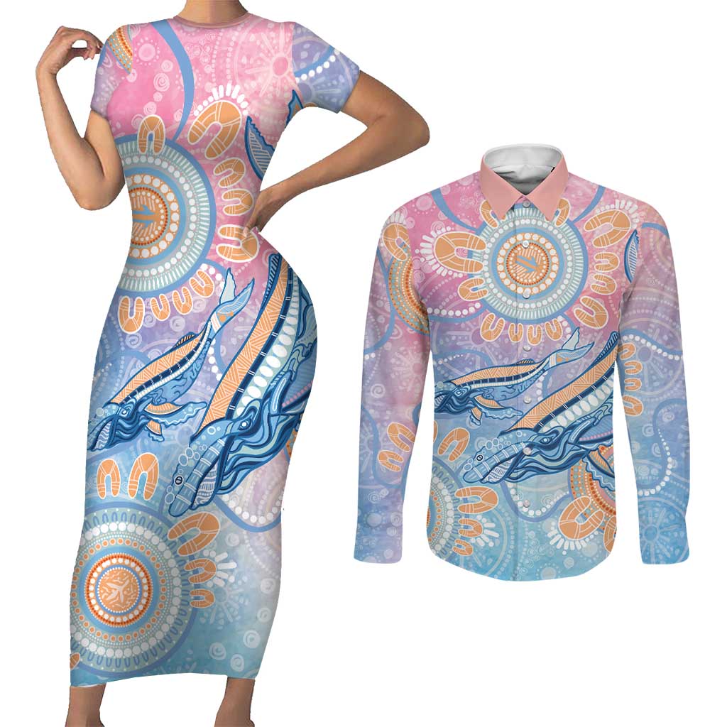 Aussie NAIDOC Week Pastel Couples Matching Short Sleeve Bodycon Dress and Long Sleeve Button Shirt Dreaming Whales