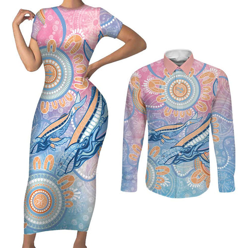 Aussie NAIDOC Week Pastel Couples Matching Short Sleeve Bodycon Dress and Long Sleeve Button Shirt Dreaming Whales