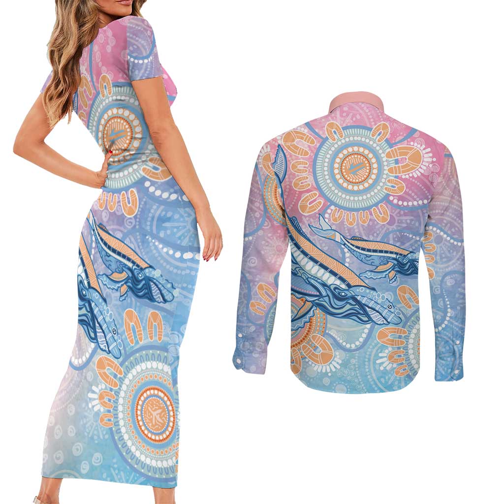 Aussie NAIDOC Week Pastel Couples Matching Short Sleeve Bodycon Dress and Long Sleeve Button Shirt Dreaming Whales