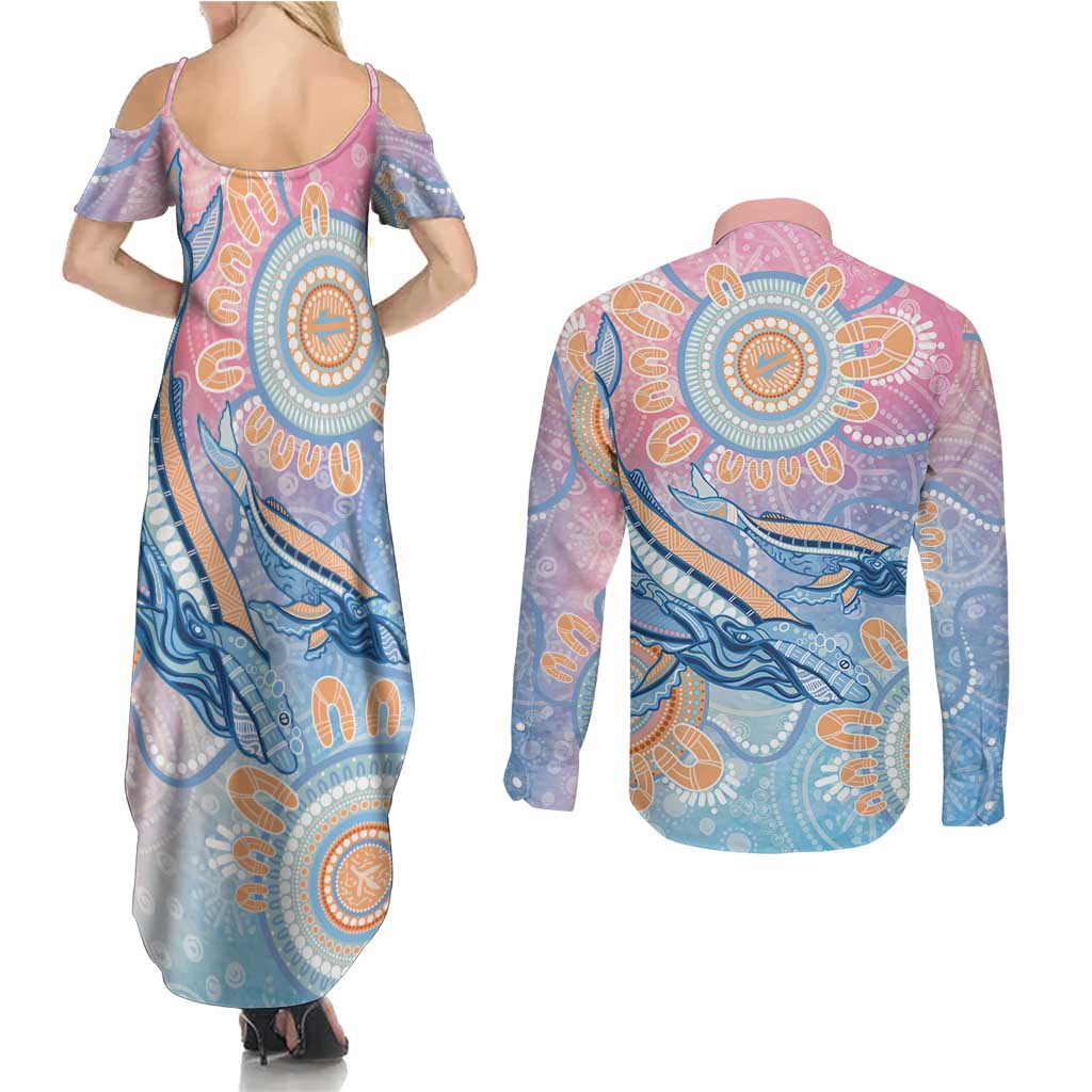 Aussie NAIDOC Week Pastel Couples Matching Summer Maxi Dress and Long Sleeve Button Shirt Dreaming Whales